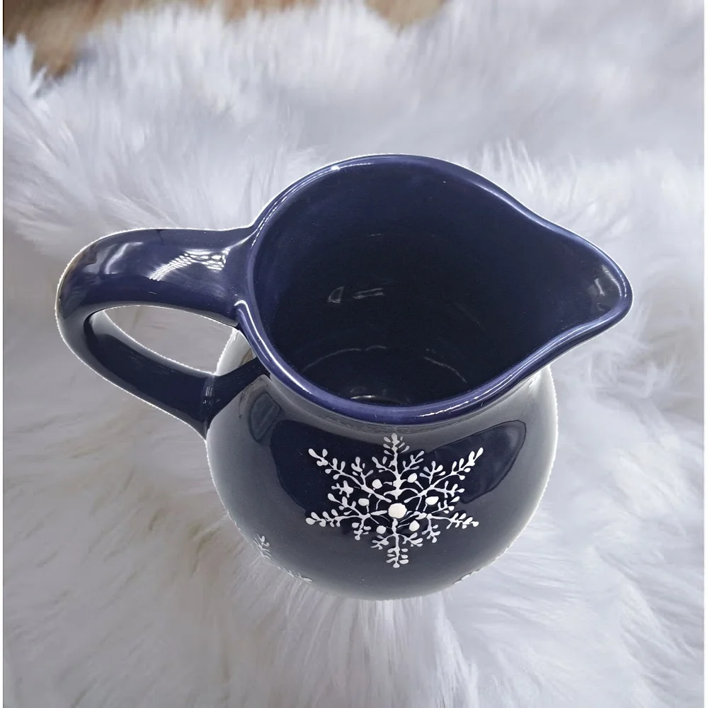 Navy Blue Ceramic Pitcher with White Snow Flakes